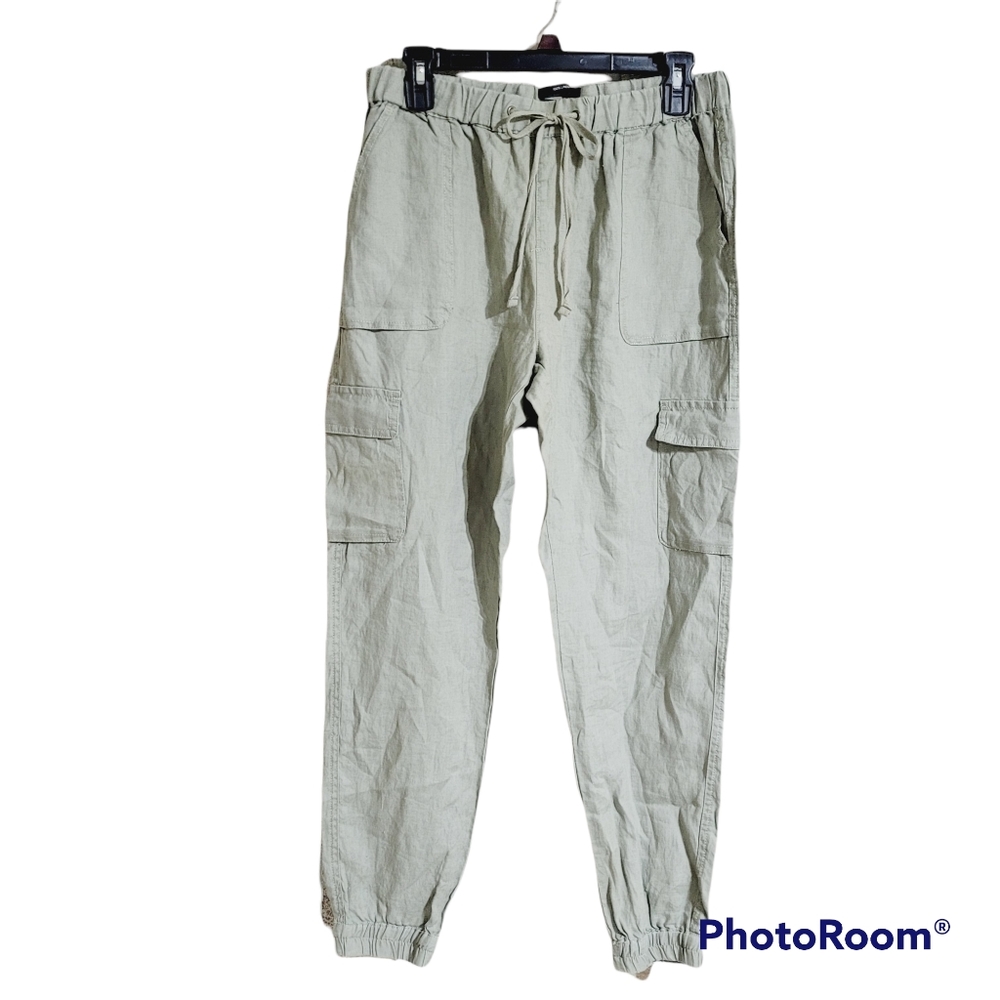 Nicole Miller New York Tan Linen Comfy Casual Jogger Pants Womens Size Medium